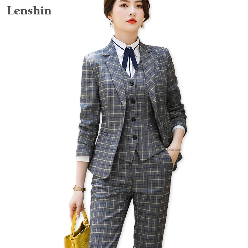 Lenshin High Quality 2 Piece Set Plaid Formal Pant Suit Blazer Office Lady Uniform Designs Women Keep Slim Jacket and Pant