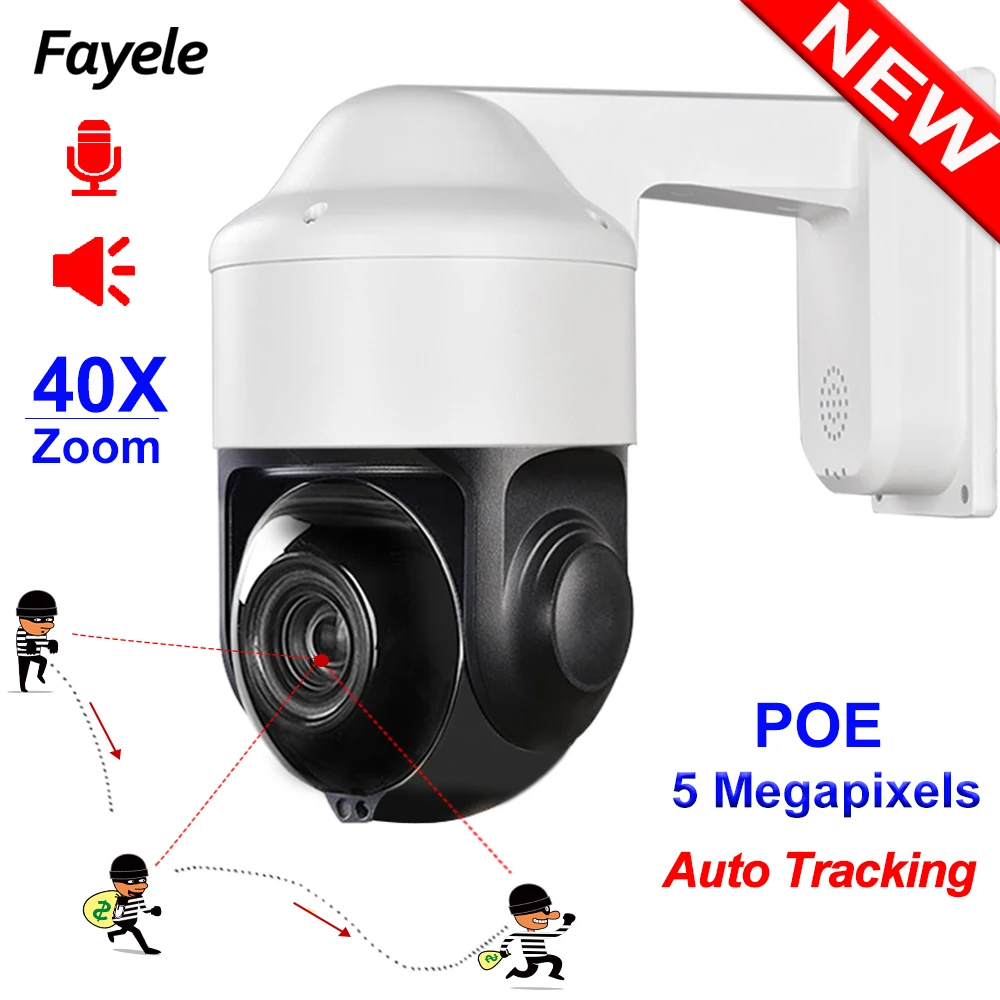 

POE 5MP AI Auto Tracking PTZ Camera 40X Zoom 4.5-135mm lens Starlight IR 250m Humanoid Detection IP Camera H.265 P2P 2Way Audio