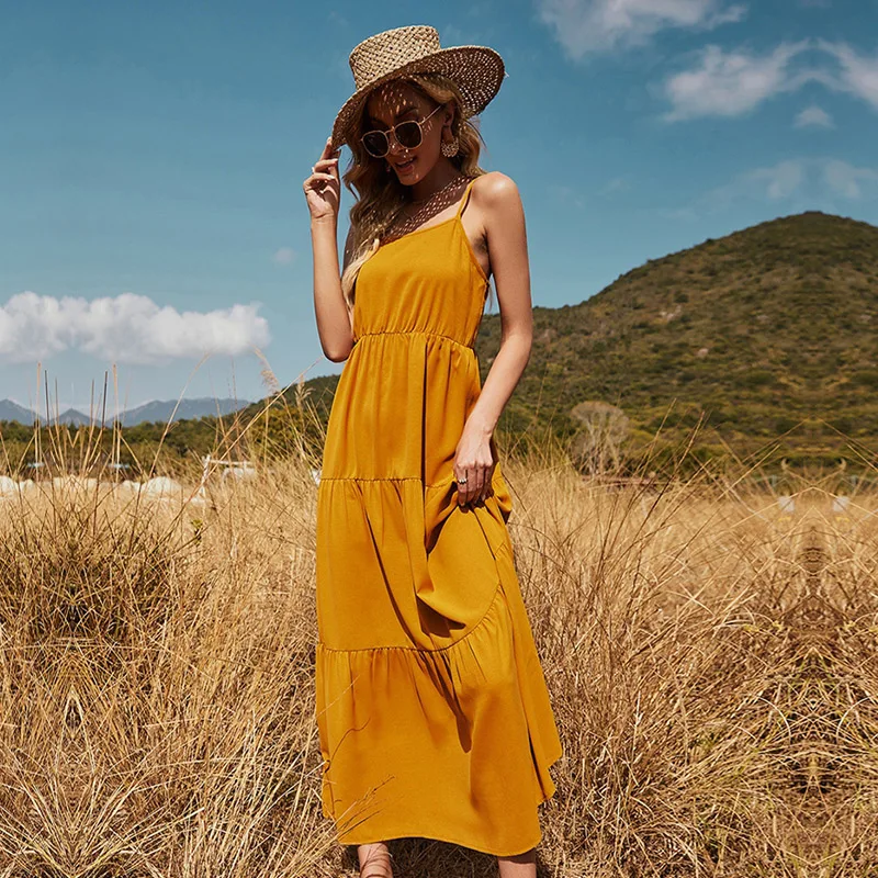 

2021 2021 Summer New Casual Sweet Adjustable Sling Ake A Line Dress Long Dress High Waist Solid Fashion Women's Dress