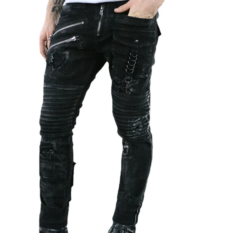 Vaqueros para hombres de baja altura Jeans de múltiples cremalleras Casual ceñido lápiz negro