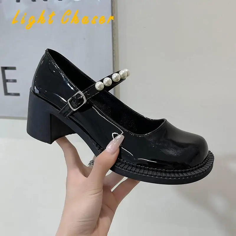 

Mary Jane High Heels Shoes Women Square Toe Chunky Platform Pumps Retro Ladies Shoes Fashion One Strap Buckle Leather Shoes