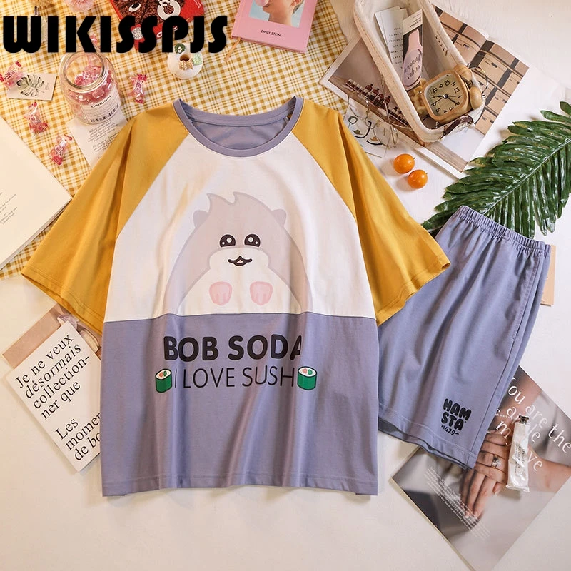 

WIKISSPJS, Новинка лета 2022, контрастные шорты с коротким рукавом в виде веселого хомяка, хлопковые Симпатичные Шорты с рисунками из мультфильмов для женщин, топы для сна