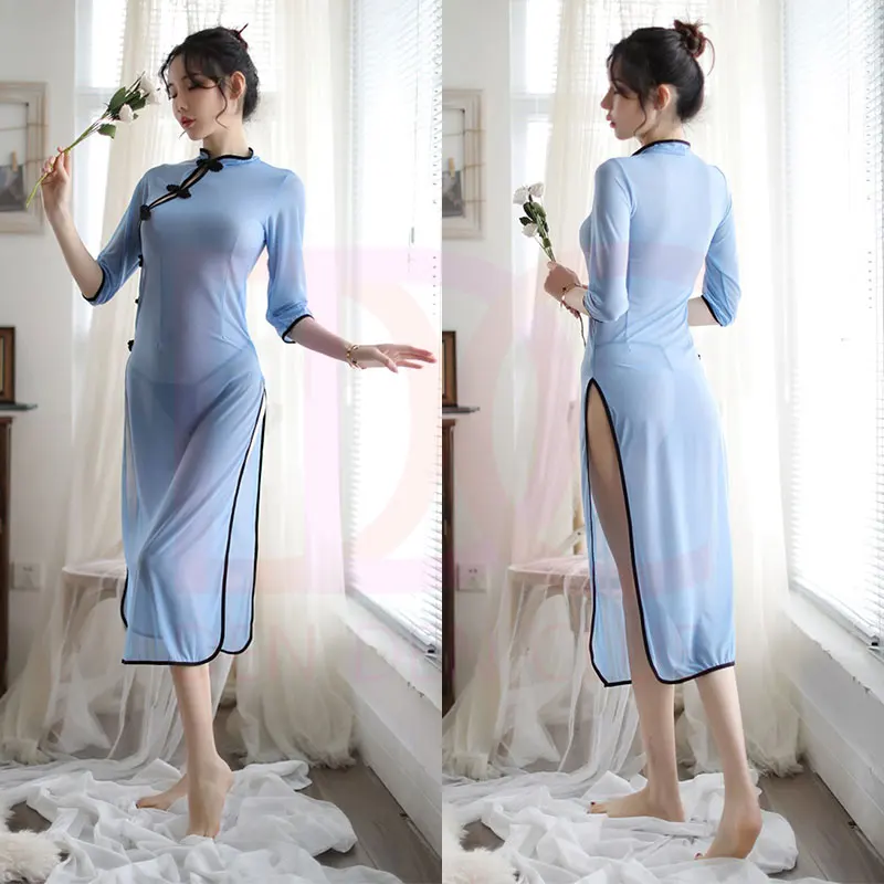 Прозрачный Qipao пикантные длинные Соблазнительные костюмы для косплея Chengsam