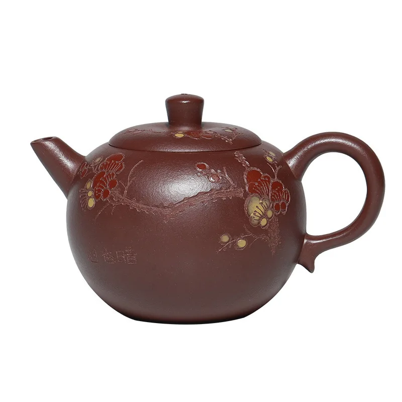 

Hundred Believe Dark-red Enameled Pottery Teapot Yixing Raw Ore Famous Pure Full Manual Carving Mud Painting Plum Blossom Pot