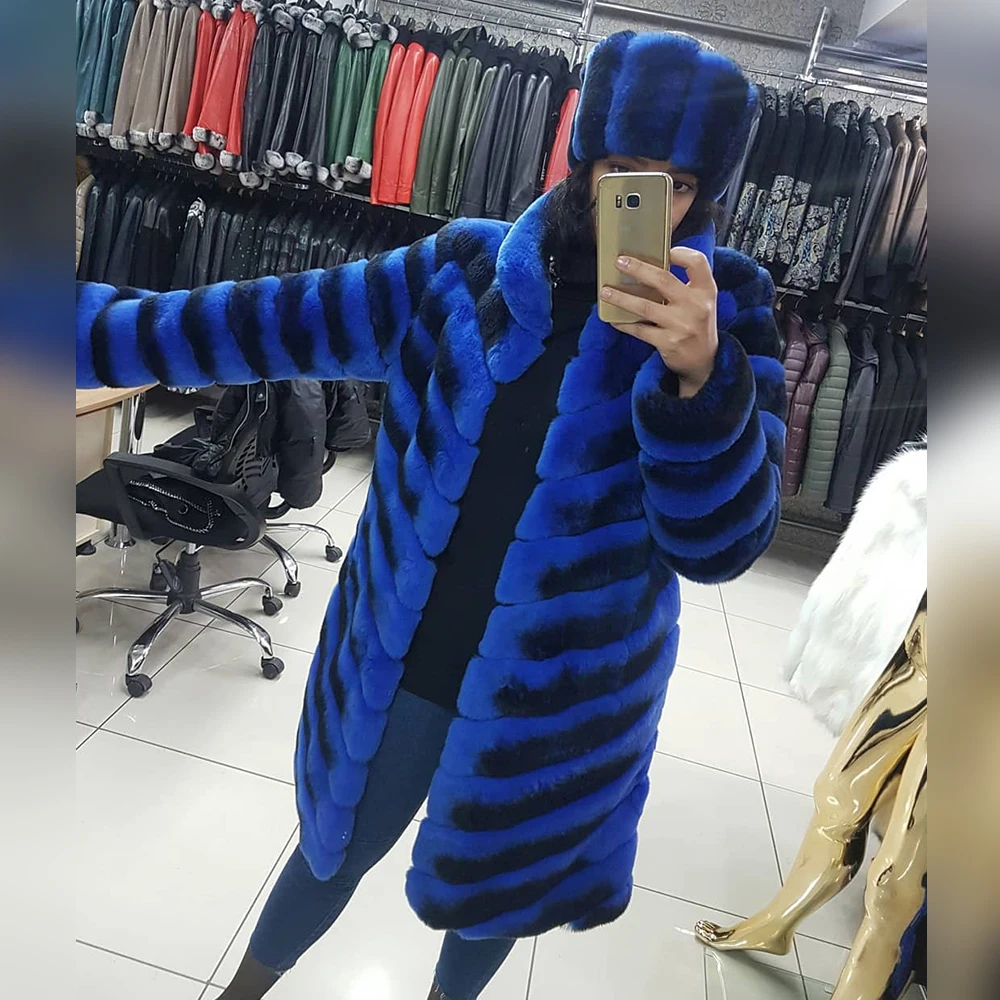 90cm Long Natural Rex Rabbit Fur Coat Women Winter New Royal Blue Full Pelt Genuine Rex Rabbit Fur Coats Luxury Fur Outwear 2022