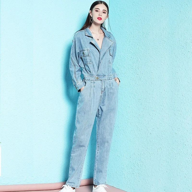 Комбинезон женский джинсовый с V образным вырезом весна осень| |