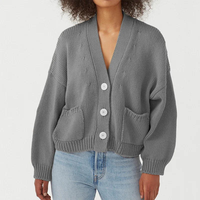 

Autumn and winter new women's loose sweater long sleeve pocket cardigan single breasted V neck knitted women's clothing