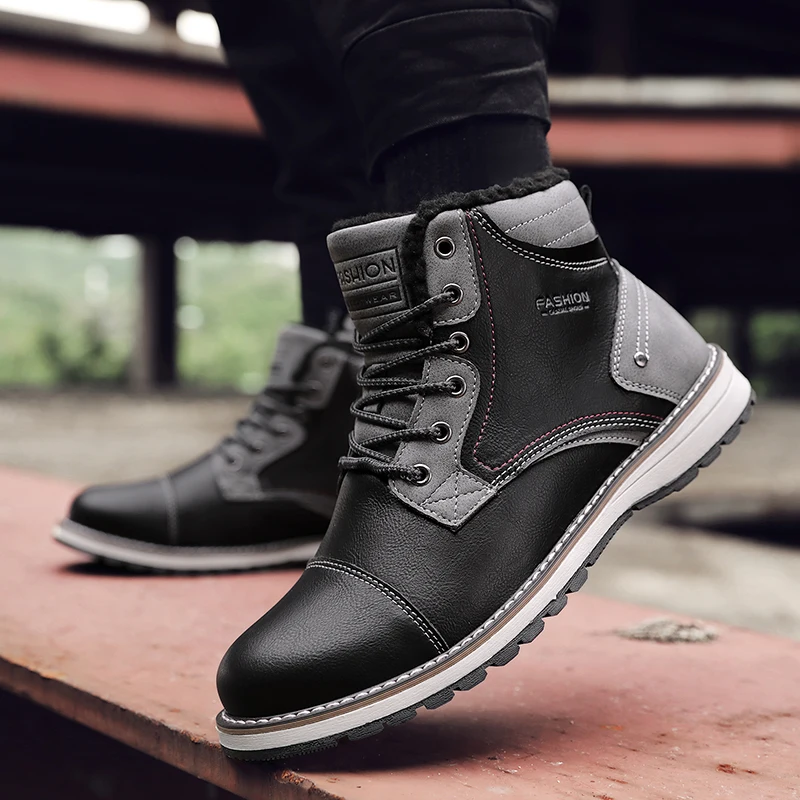 

winter boots men Leather plush Warm Fur Classic Snow Boots Male Motorcycle Boots Men outdoor Warm Ankle High Top Men's Boots