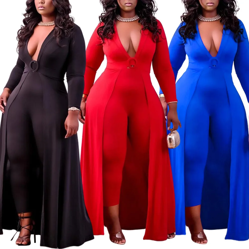 

Fall 2021 New Temperament Fashion Urban Casual V-Neck Solid Color Slimming Figure Plus Size Women's Jumpsuit