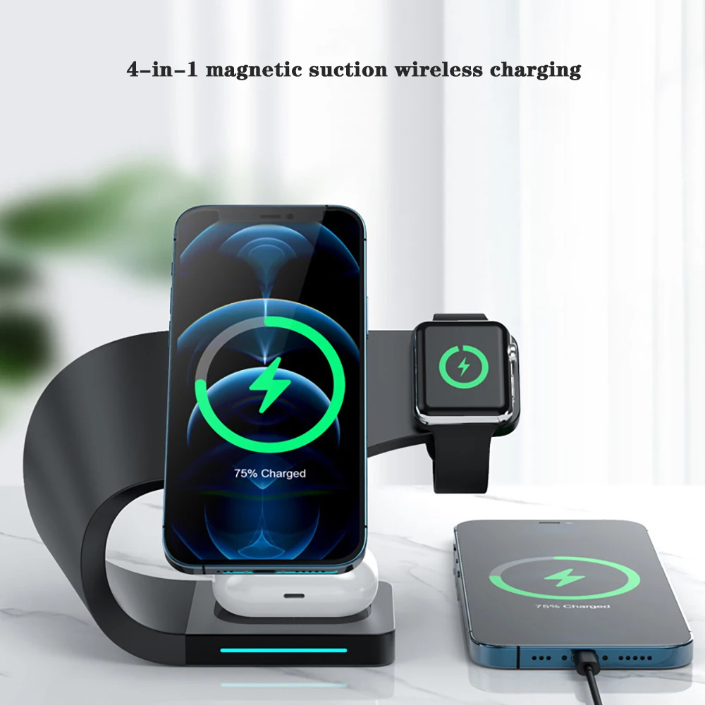 

15W Magnetic Wireless Charger Stand 4 In 1 Qi Fast Charging Dock Station For Magsafe Iphone 13 12 Pro For Apple Iwatch Airpods