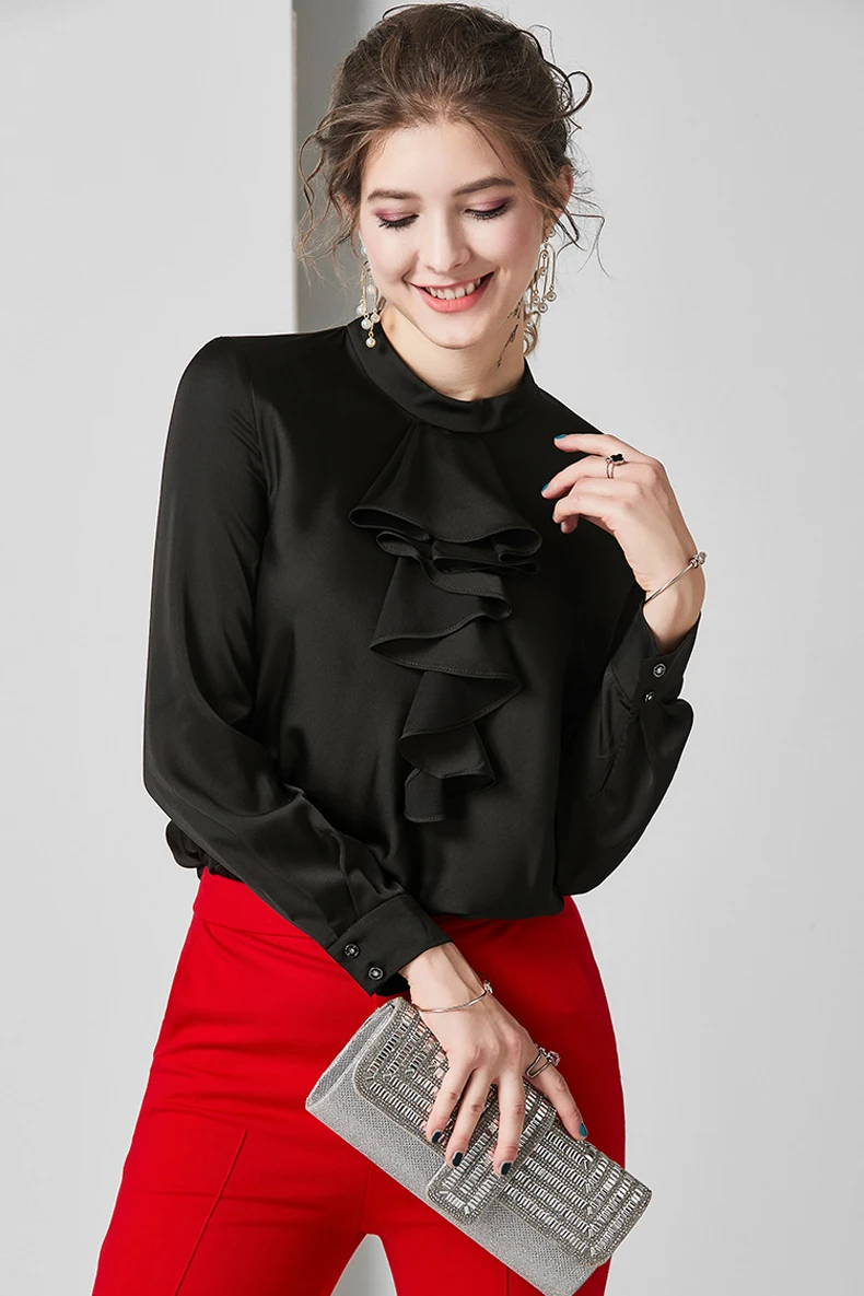 Женские Подиумные рубашки смесь из шелка с круглым вырезом и длинными рукавами