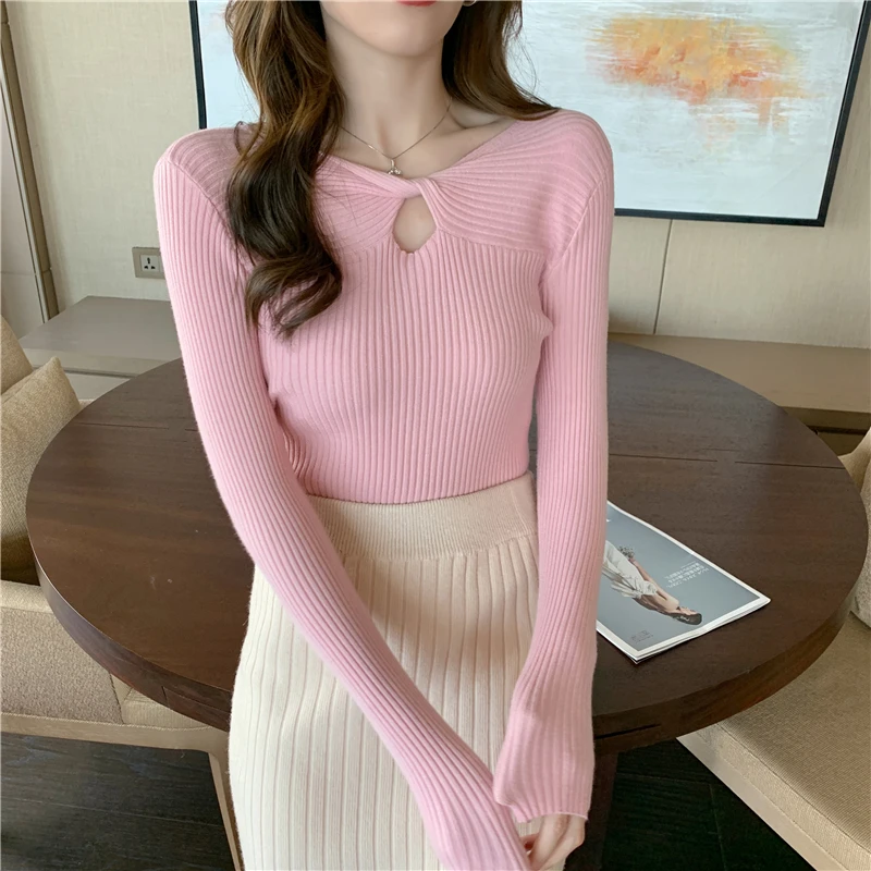 New Autumn Winter Fashion Twist Together V-neck Pullovers Knitted Ladies Sweater Womens Solid Slim Long Sleeve Top | Женская одежда