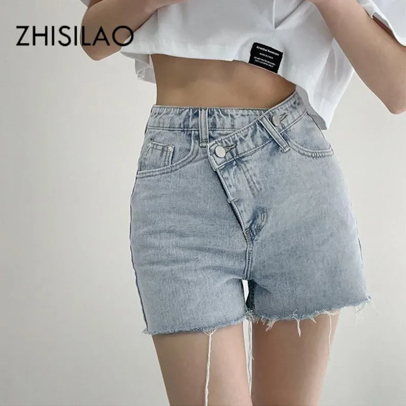 

ZHISILAO New Irregular High Waist Denim Shorts Women Plus Size Retro Boyfriend Streetwear Blue Hot Jeans Shorts Summer 2021