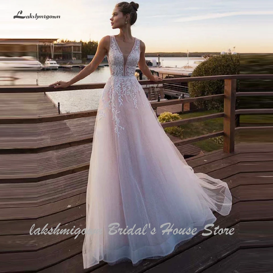 Женское свадебное платье в стиле бохо lakshmidress розовое фатиновое с v образным