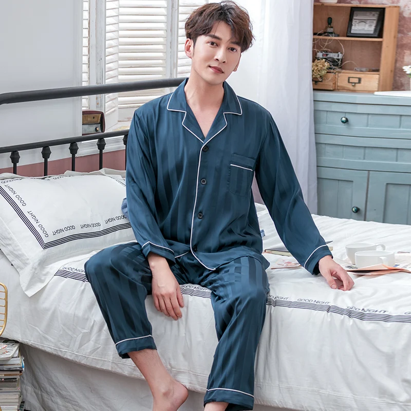Summer Mens Satin Pyjamas Set Home Clothes 2PCS Pojama Long Sleeve Men's Sleepwear PJ With Button Thin Solid Loungewear Pajamas