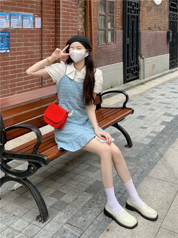 Корейское платье с лацканами светло-голубое поясом и | Женская одежда