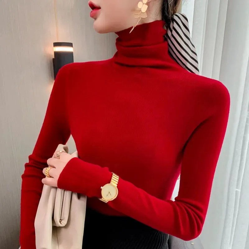 

Sweater Women Pullover Bottoming Shirt For Fall/Winter New Solid Color High Neck Long Sleeve Simple Slim Commuter Women's Outfit