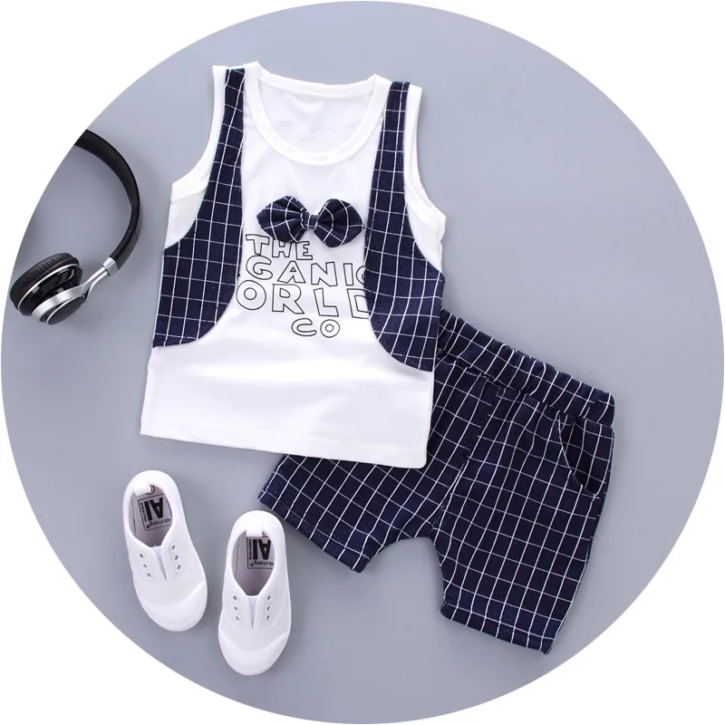 

KIDS Children Cotton Outing Clothes Summer Baby Boy Lattice O-Neck Vest Shorts 2Pcs/sets Infant Toddler Tracksuits 0-4 Years