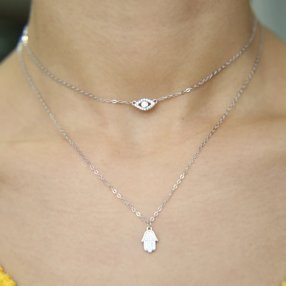 

Женское Двухслойное ожерелье lucky hamsa, ювелирное изделие из серебра 925 пробы с фианитом и цепочкой в форме руки сглаза