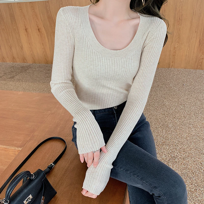 

Женский вязаный однотонный пуловер 민민대대대문 문, универсальный Повседневный Классический Удобный минималистичный свитер в Корейском стил...