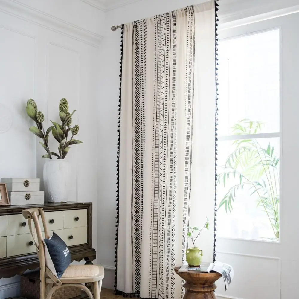 

Printed black tassel curtain Cotton linen Bohemian style Shading curtain Living room bedroom bay window curtain custom made