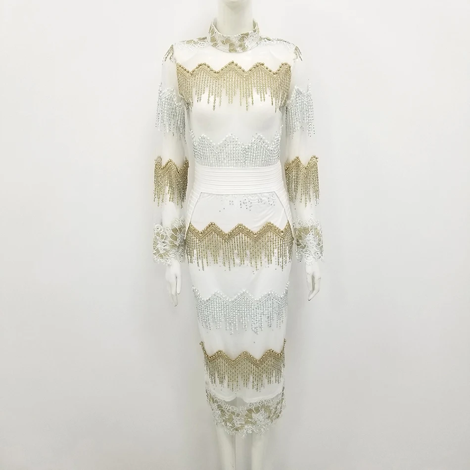 2019 осеннее Новое Женское модное сексуальное Белое лоскутное платье с бусинами и