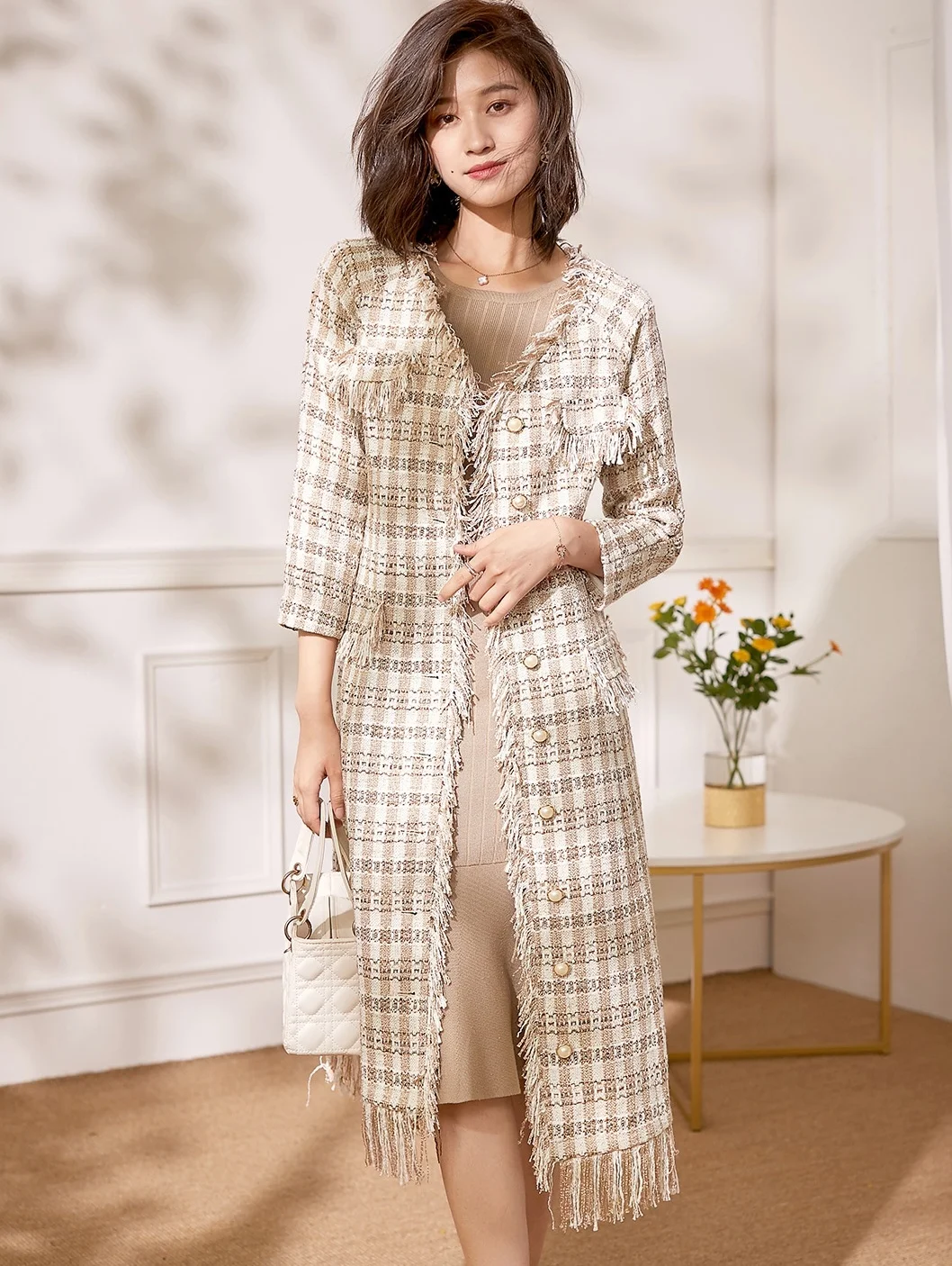 

Autumn and winter new design sense of minority loose and versatile small fragrance coat women's long celebrity tweed coat