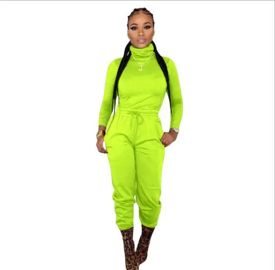 

2020 European and American solid color women's suit leisure high collar top T-shirt waist binding pants cover