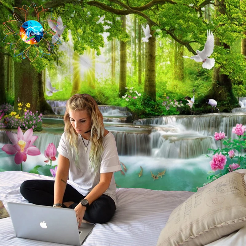 Lotus Wall Hanging Hippie Tapestry Flowers Psychedelic Tapestries Forest Mandala 3D Waterfall Boho Dorm Decor | Дом и сад