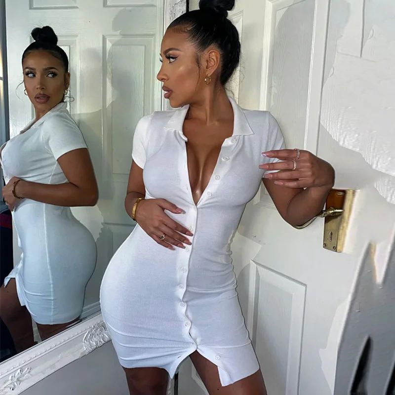

Button Turn Down Collar Short Sleeve Dress Women Summer Autumn Slim Hip Dress Sexy Party Street Club White Black Dresses Vestido