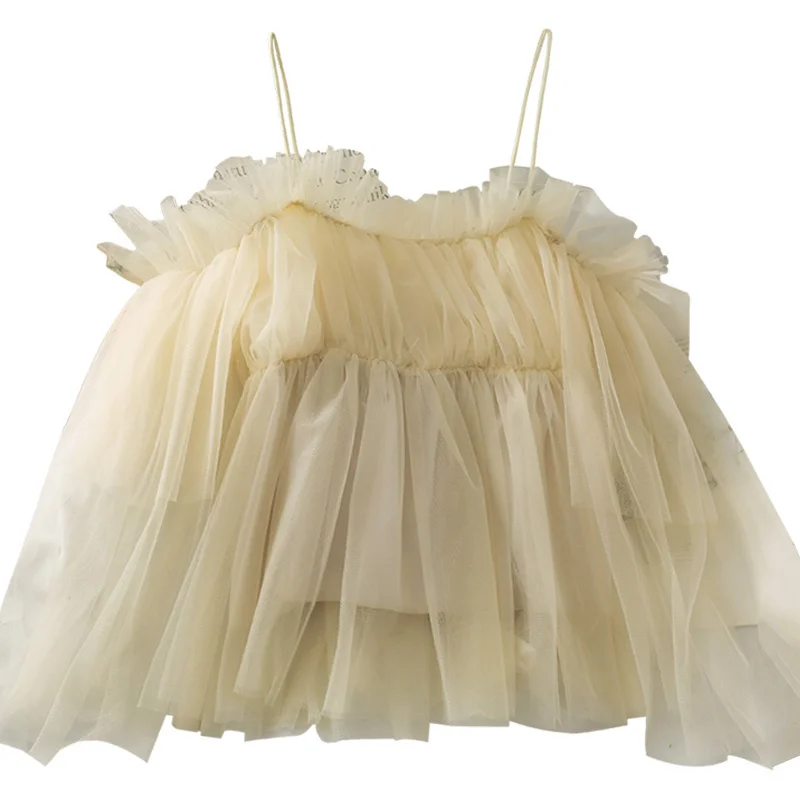 

Sweet Style Wooden Ear off-Neck Cold-Shoulder Mesh Suspender Skirt Women's 2021 Summer Short Sleeve All-Match Puffy Vest Fairy
