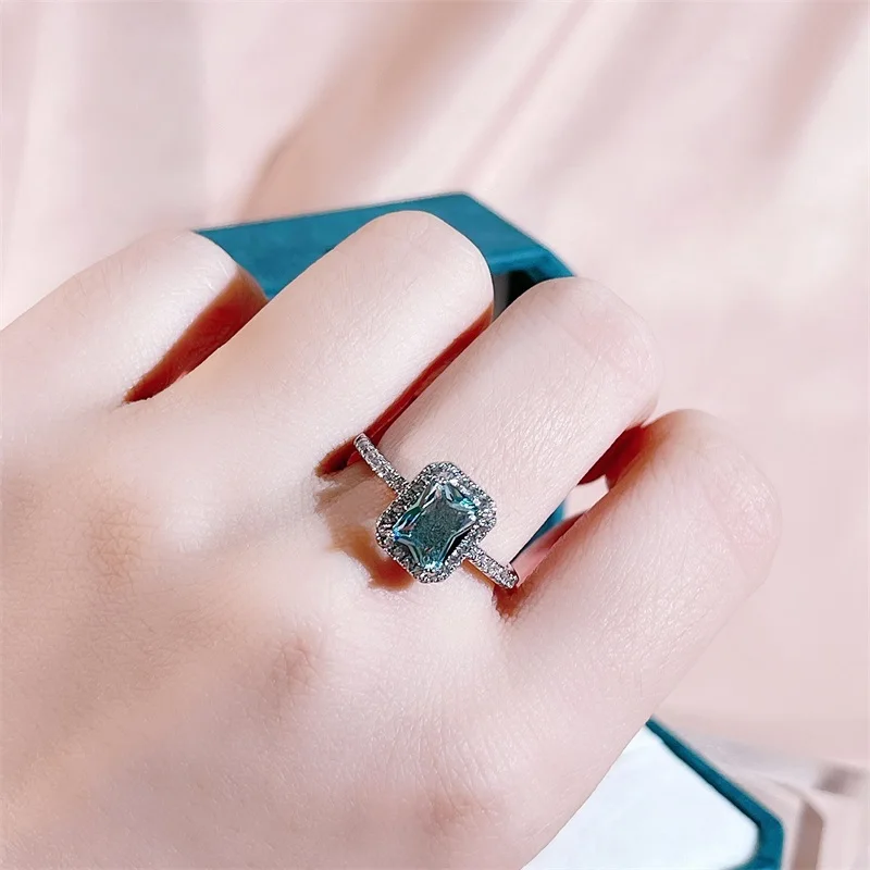 Bague Ringen Classical Design Ring Fashion Female Jewelry Square Blue Topaz artificial Aquamarine Lady's Engagement Ring Size5-9 images - 6