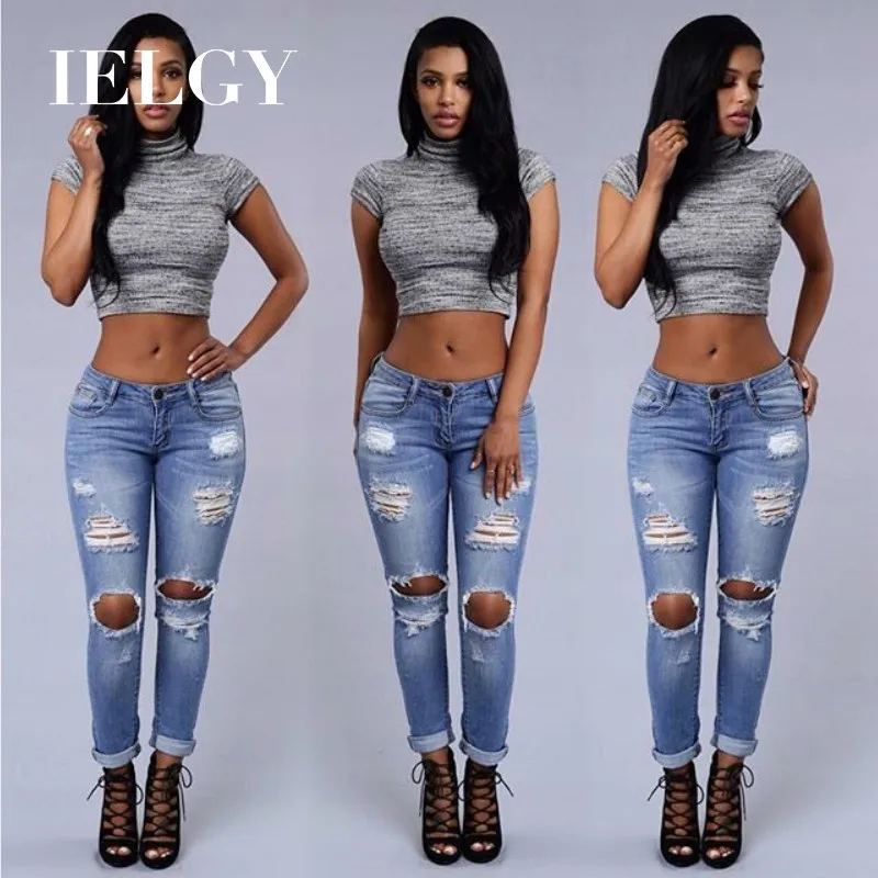 

IELGY Stretch Jeans comfortable cotton hole slimming pencil feet wild trousers hips Bottoming