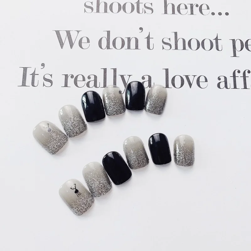 

Semi-transparent Black Elk Students Wearable Fake Nail with Glue Quality Fashion Glitter Press on Nails Tips Short Design 24pcs