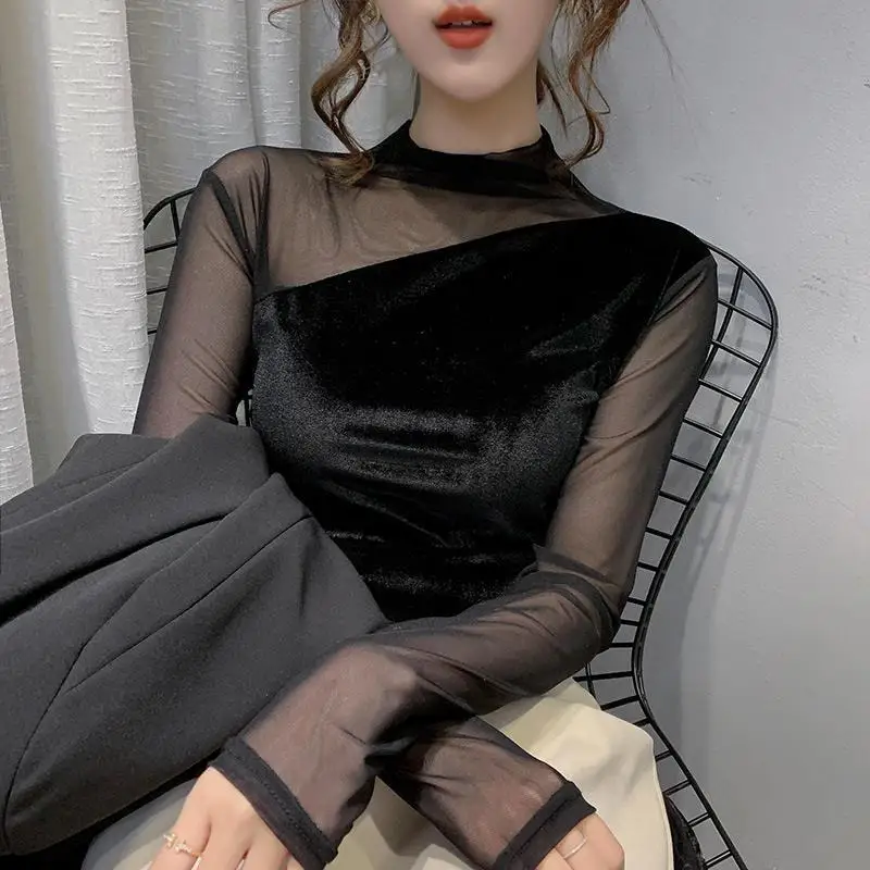 

Shirtwaist half high collar gauze bottom top New velvet sexy top for autumn/winter 2021 for women