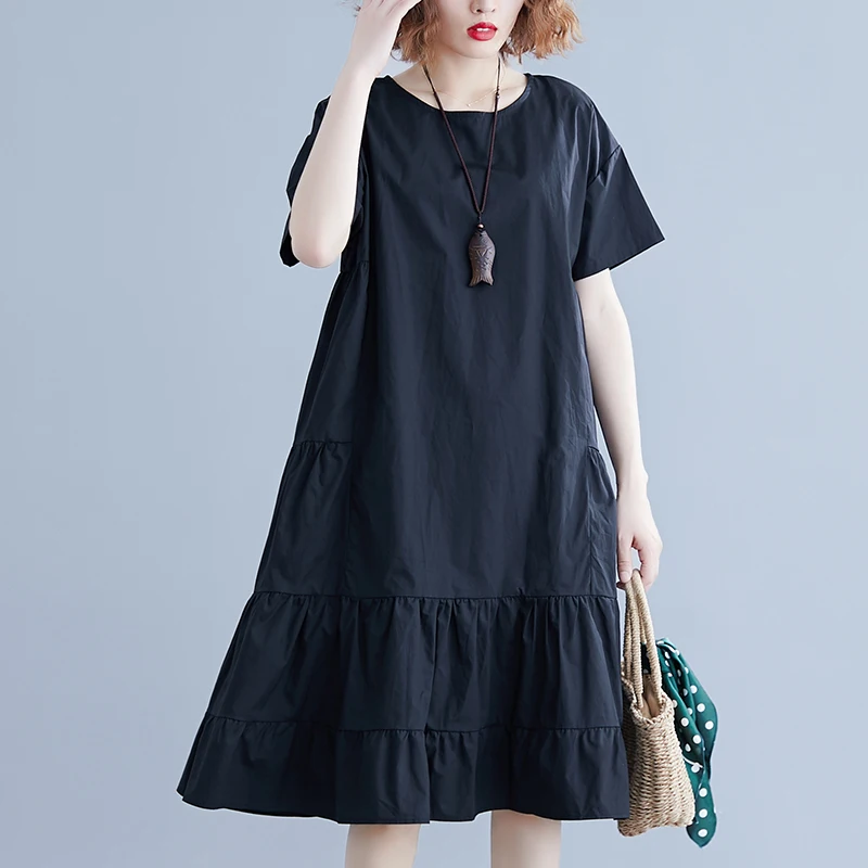 Женское Хлопковое платье-трапеция свободного покроя с короткими рукавами