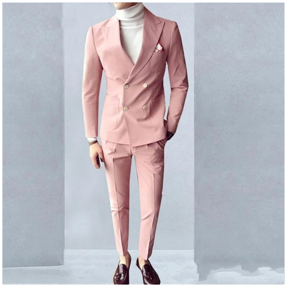 

2022 Hot Sale Peak Lapel Men's Light Pink Suits Custom Made High Quality Double Breasted Handsome Casual Wear Blazer 2 Pieces