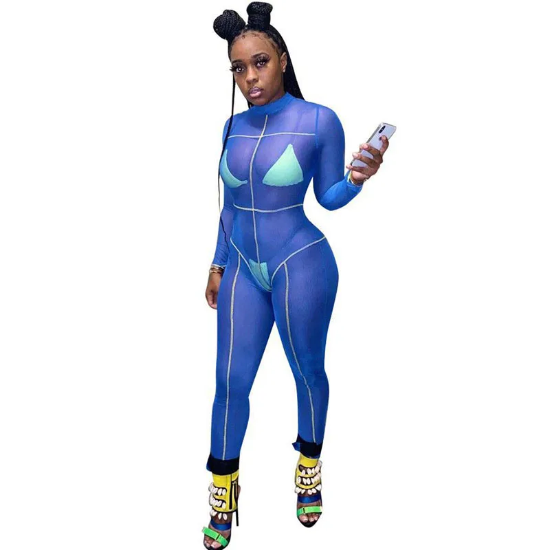 

Sexy Mesh Sheer Jumpsuit for Women Striped Patchwork Festival Clothing Long Sleeve See-through Bodycon Overalls Club Rompers