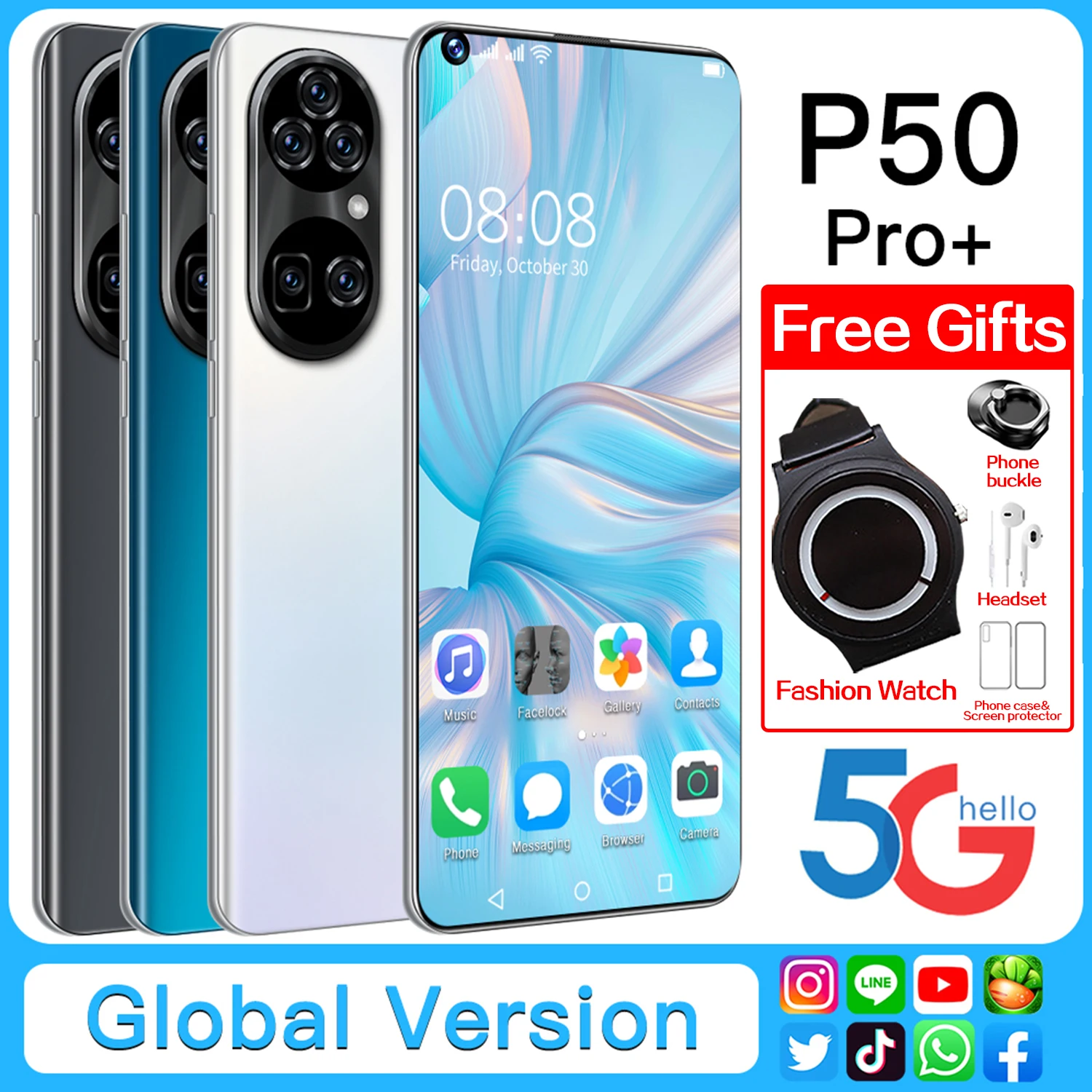 

Global Version P50 Pro+ 7.3Inch Smartphone HD Full Screen 6800mAh 16+512GB Android 11 5G Mobilephone Support Face ID Google GPS