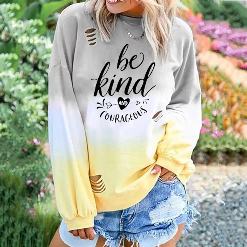 Winter Tie Dry Letter Print Pullover Fashion Ladies Hole Sweatshirt Casual Autumn Hoodied Female Womens Long Sleeve | Женская одежда