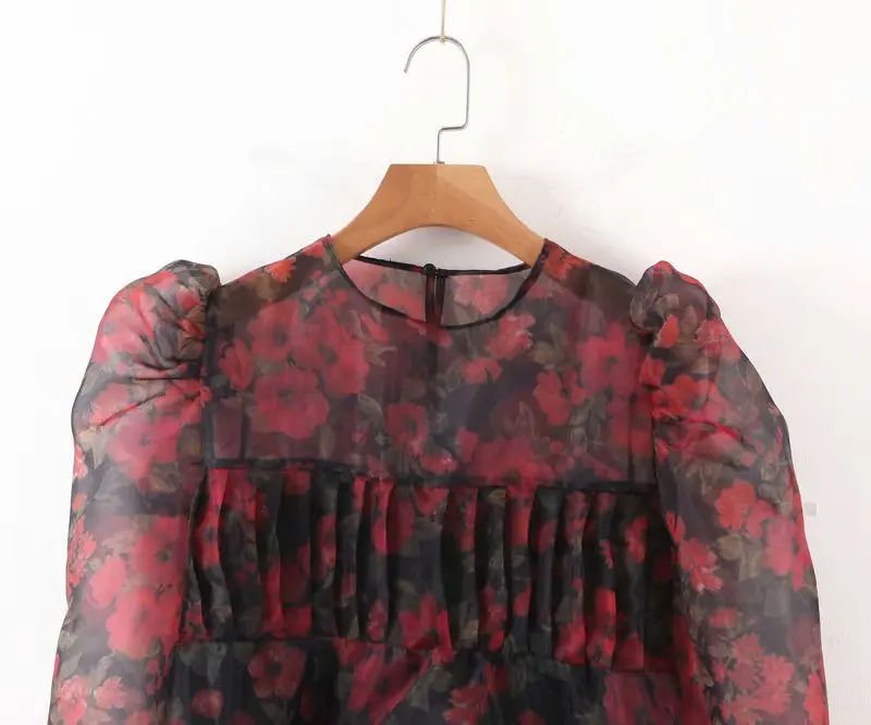 Женская винтажная блузка из органзы с цветочным принтом плиссированные рубашки