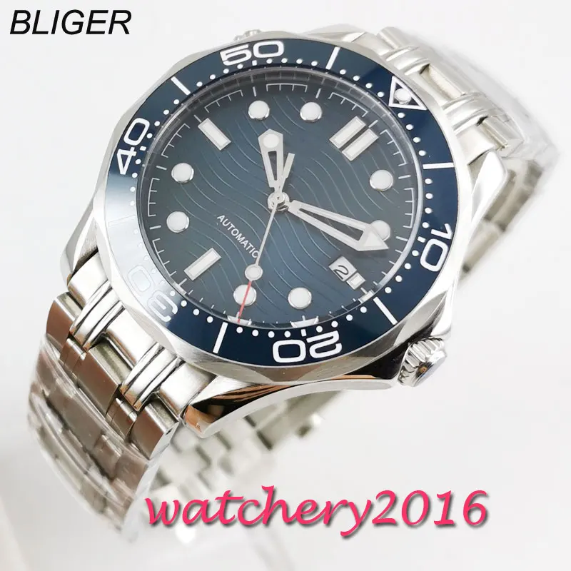 Мужские механические Автоматические часы с синим циферблатом стальным ремешком