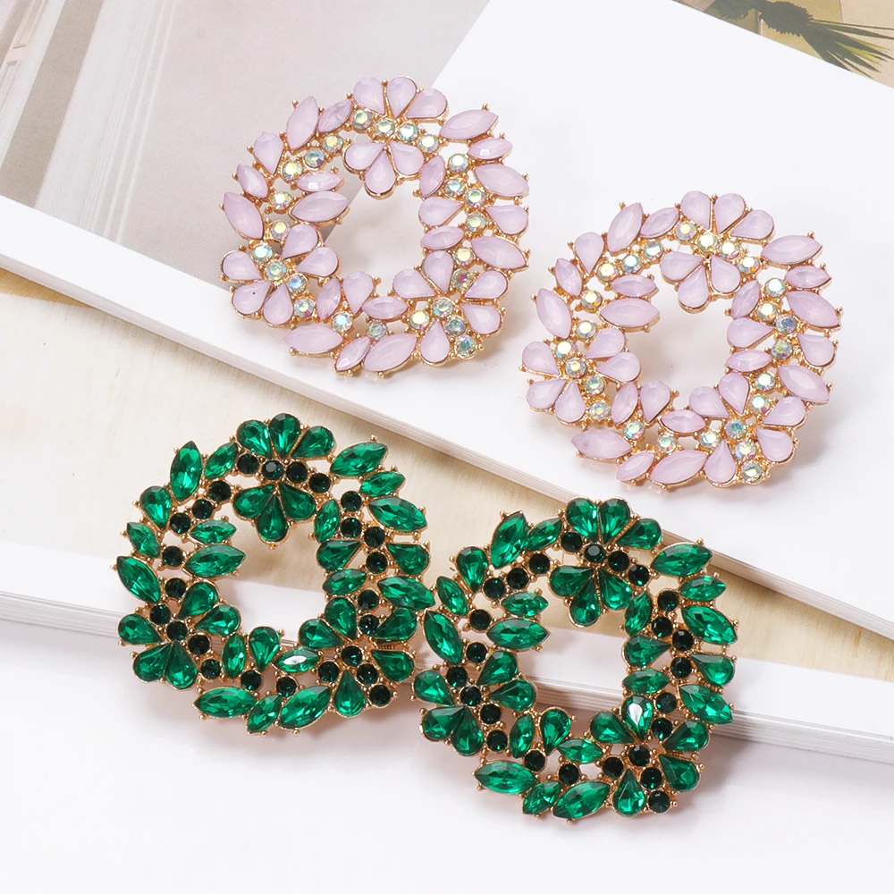 

New Colorful Crystals Earrings Round Statement Rhinestone Stud Earrings Metal Ear Rings Jewelry Accessories For Women Gift