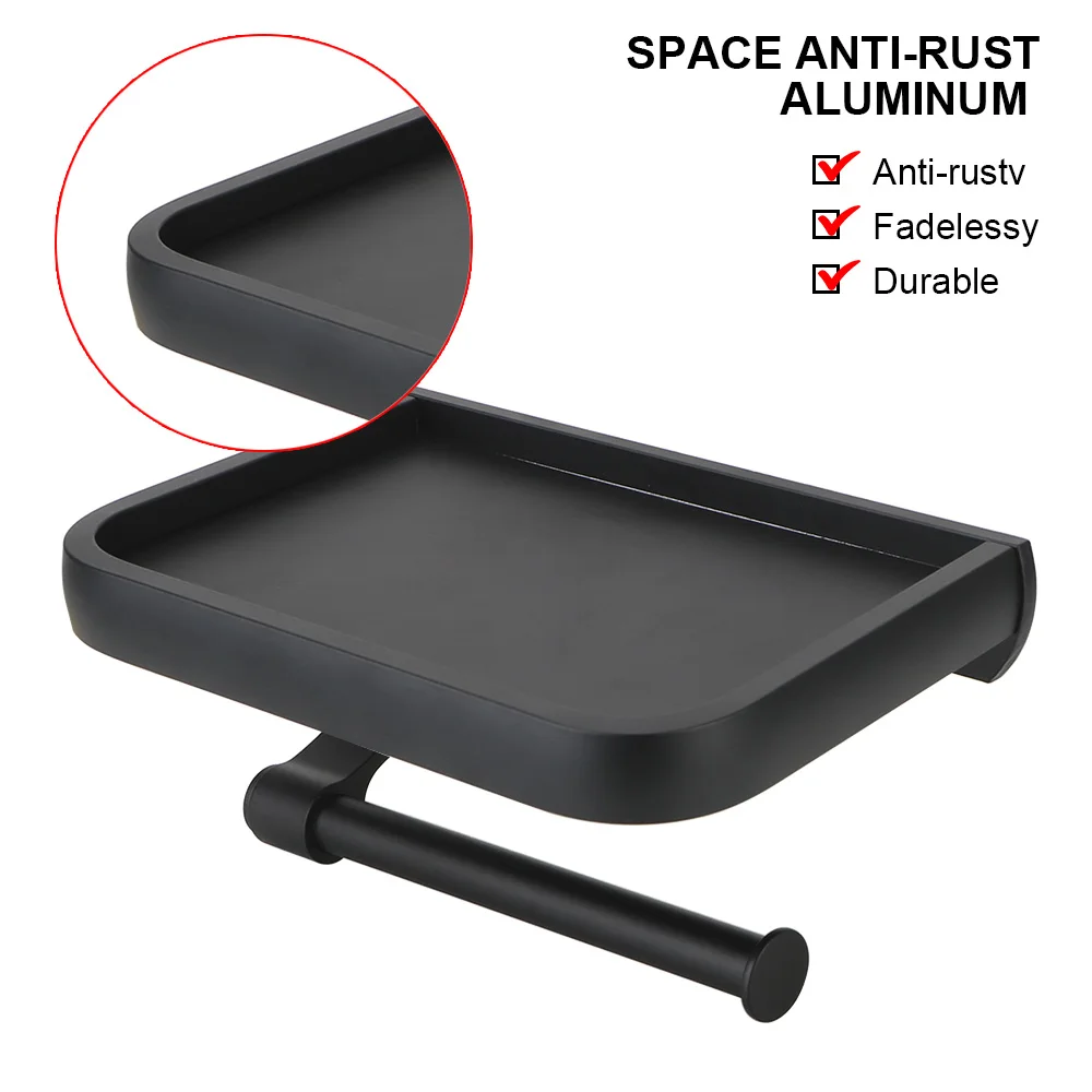 

Wall Mounted Black Toilet Paper Holder Tissue Paper Holder Roll Holder With Phone Storage Shelf Bathroom Accessories