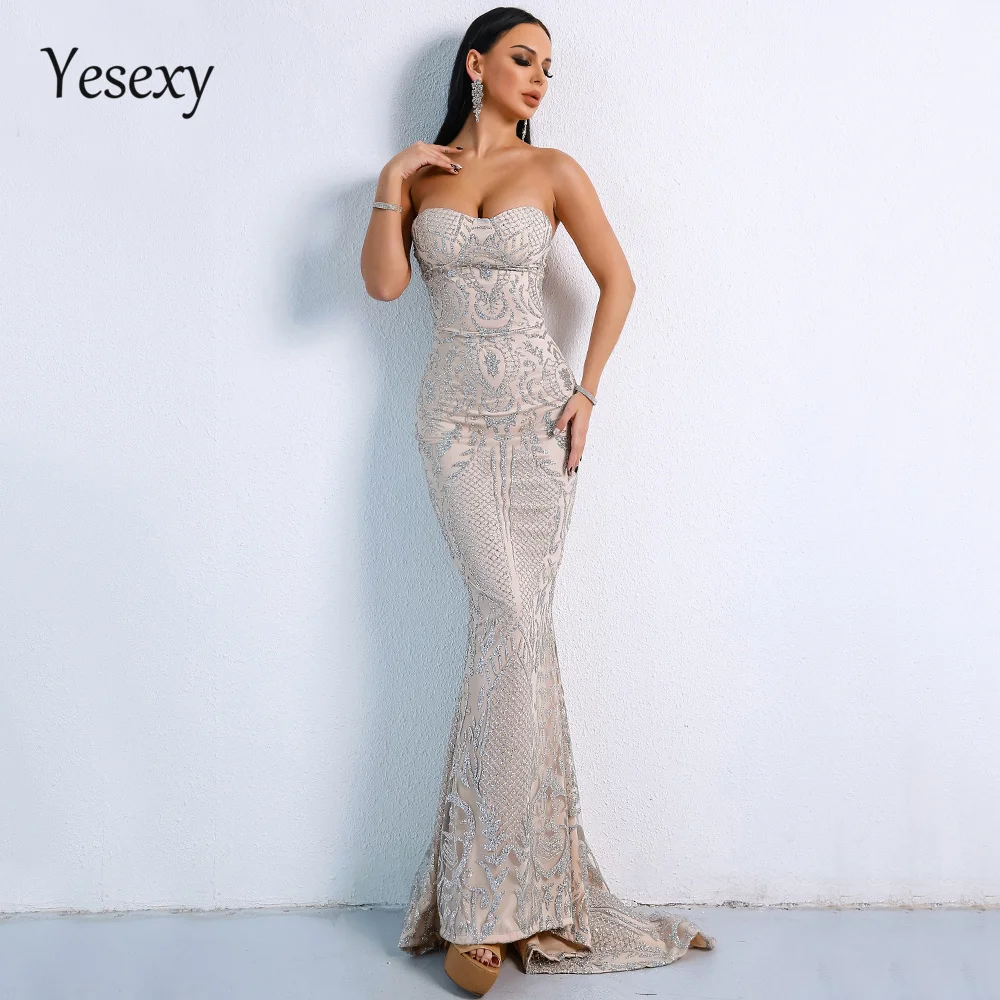 Серебристый Yesexy, элегантные блестящие женские макси платья без бретелек, блестящее женское облегающее платье в пол, женское вечернее платье VR8911 - Цвет: Серебристый