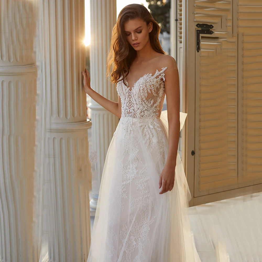 

Tulle Vestido De Novia Nude Color Collar Sweetheart A Line Bridal Dress Applique Custom Made Wedding Gown Sweep Train