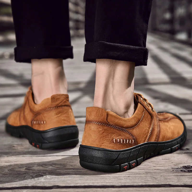 Handmade Genuine Leather Men Shoes Lace-Up Outdoor Casual Sneakers Thick Bottom Stitch Non-Slip | Обувь