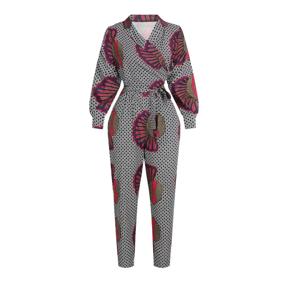 

African new style autumn clothes new digital printing women's sexy V-neck autumn long-sleeved jumpsuit cropped pants