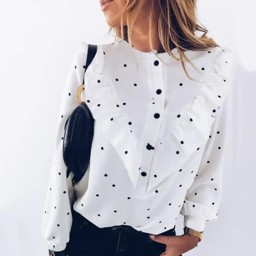 

Модная одежда с длинными рукавами Blusas Mujer De Moda 2021 в горошек офис леди блузка манжеты с перекрестной шнуровкой на пуговицах с оборками рубашк...