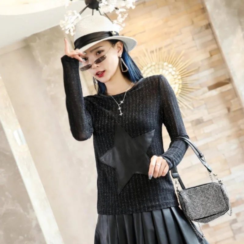 Женские черные футболки со звездами и пятиконечным узором облегающий пуловер из